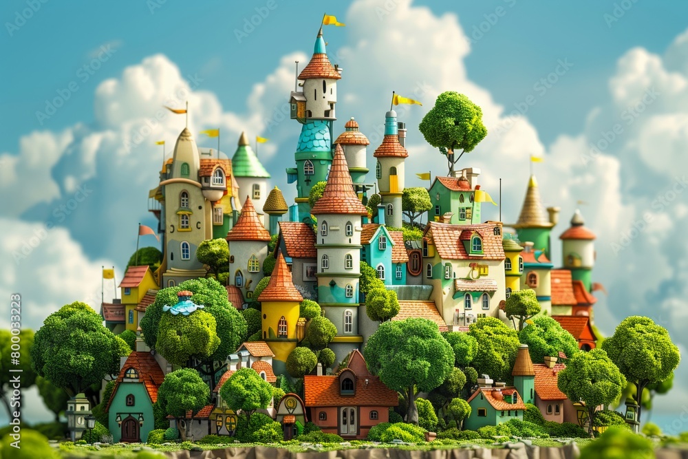 Obraz premium Fairytale, cartoon village aloft in the sky, inhabited by winged, cheerful animals