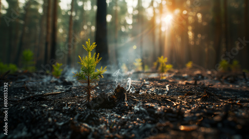 Wildfire burns ground in forest with young sapling growing out of the ashes of a burnt tree trunk. Contrast between the charred wood and the  green of the new life photo