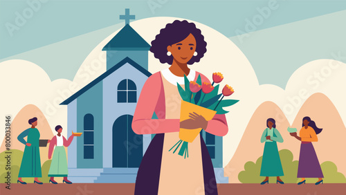 A woman stands at the front of a church holding a bouquet of flowers as she leads a special remembrance ceremony for Juneteenth honoring those who. Vector illustration