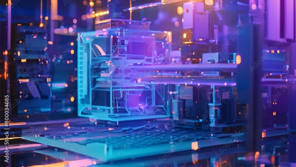 A 3D rendering of a machine in operation inside a laboratory, Wireframe of a 3D printer printing an object A 3D rendering of a machine in operation inside a laboratory, Wireframe of a 3D printer printing an object