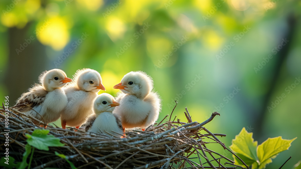 Group of adorable baby birds cuddle together in a nest, surrounded by fresh green foliage in soft light.