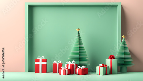 A green wall with a Christmas tree and presents in front of it