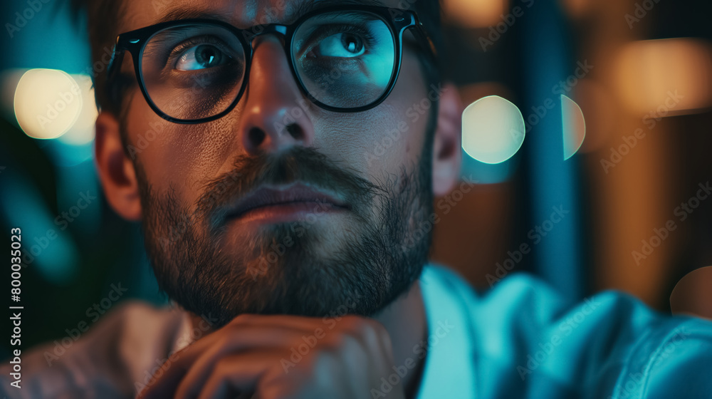 Contemplative man wearing glasses gazes upward, illuminated by the soft ambient light. Contemplative man wearing glasses gazes upward, illuminated by the soft ambient light.