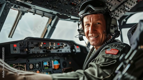 pilot in cockpit looking at camera ,