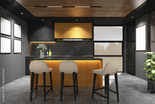 3d rendering illustration of yellow and dark gray pantry side the window with island, bar chair, frame mock up. Cement floor and wood ceiling. Set 19