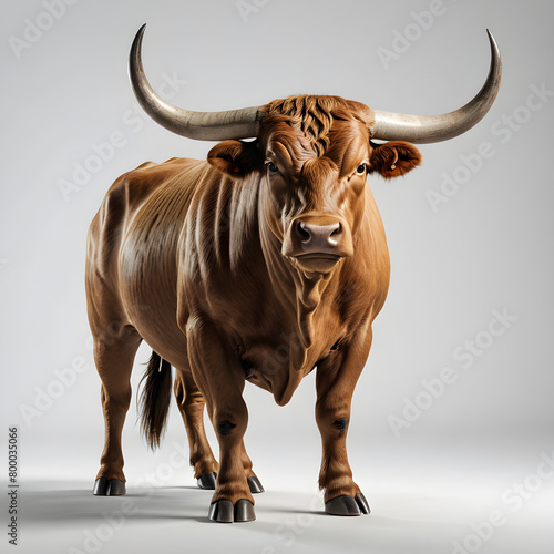 A brown cow with horns is standing in front of a gray background. photo
