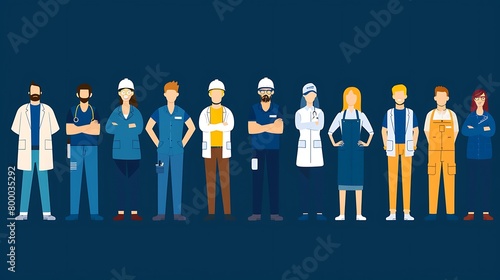 Group of people of different occupations standing on the dark blue background.