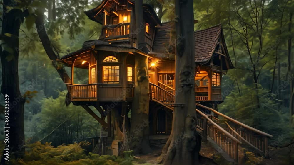 Explore a tranquil wooden tree house hidden among the lush trees, providing an idyllic escape amidst natures beauty, A cozy tree house nestled in the heart of a tranquil forest at dusk Explore a tranquil wooden tree house hidden among the lush trees, providing an idyllic escape amidst natures beauty, A cozy tree house nestled in the heart of a tranquil forest at dusk