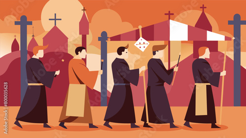 A solemn procession of monks chanting in Latin and carrying a ceremonial cross through the fairgrounds.. Vector illustration