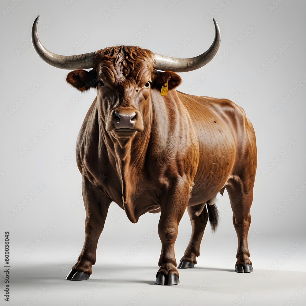 Naklejka premium A brown cow with horns is standing in front of a gray background.
