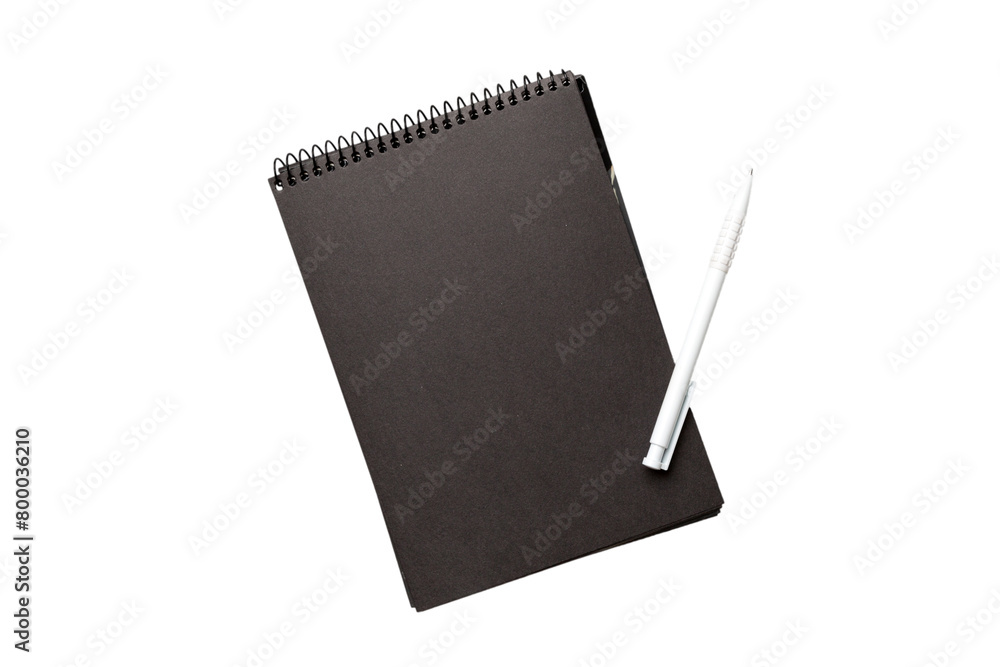 Top view of closed spiral blank dark paper cover notebook with pencil isolated on white background Top view of closed spiral blank dark paper cover notebook with pencil isolated on white background