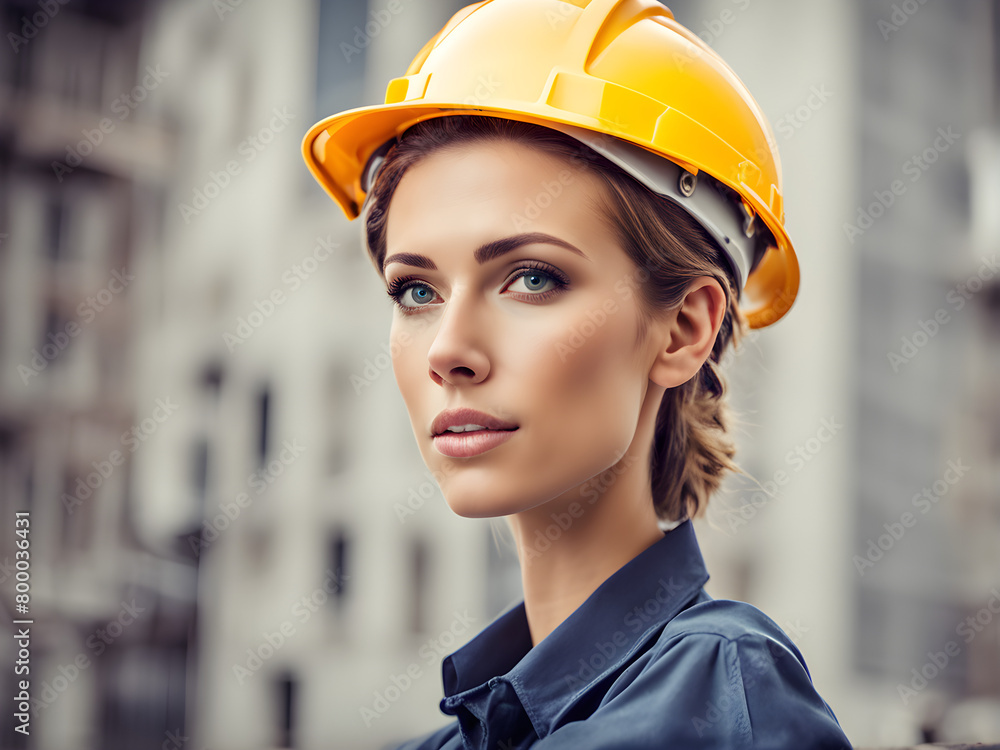 A young female construction worker wearing a safety helmet and work clothes, with a background in the real estate and construction industries on the construction site A young female construction worker wearing a safety helmet and work clothes, with a background in the real estate and construction industries on the construction site