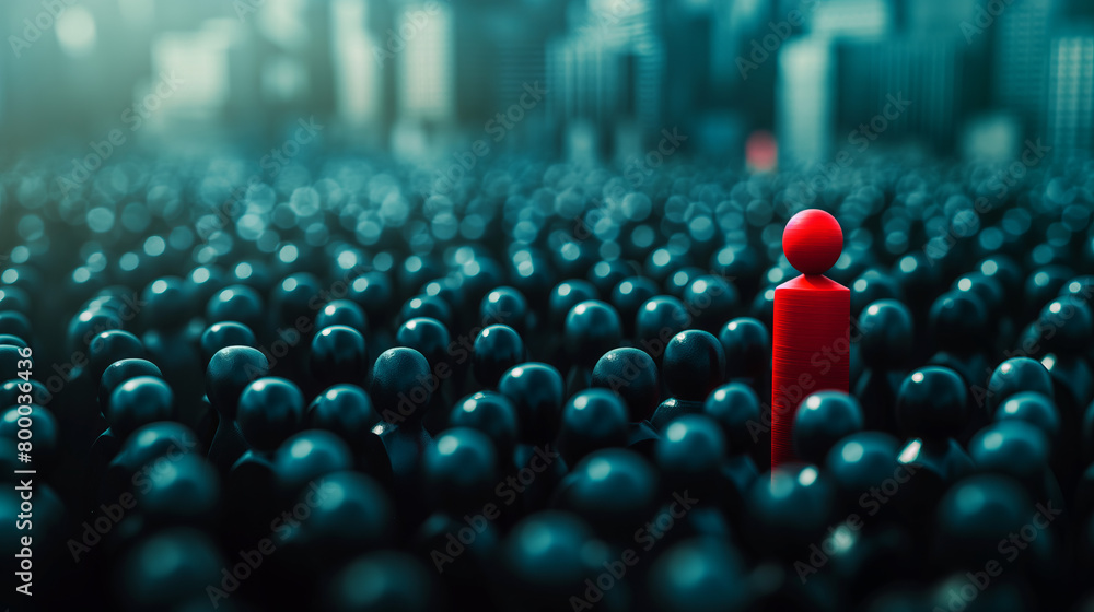 Obraz premium A striking image featuring a solitary red figure standing among a black crowd with a cold city backdrop