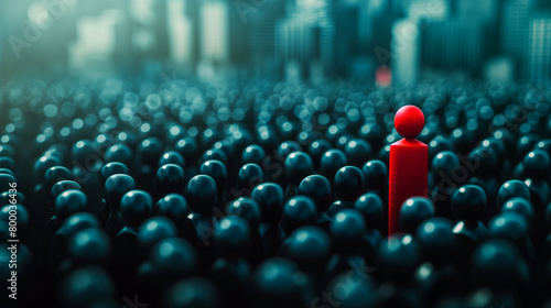 A striking image featuring a solitary red figure standing among a black crowd with a cold city backdrop