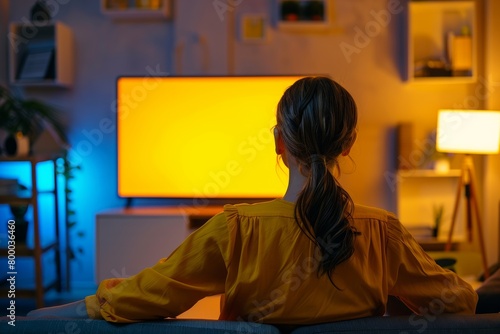 Digital mockup woman in her 30s in front of an smart-tv with an entirely yellow screen