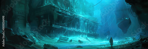 A solitary figure stands amidst colossal underwater ruins, hinting at a lost civilization