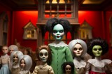 The image shows a group of creepy dolls with a green-faced doll in the center.