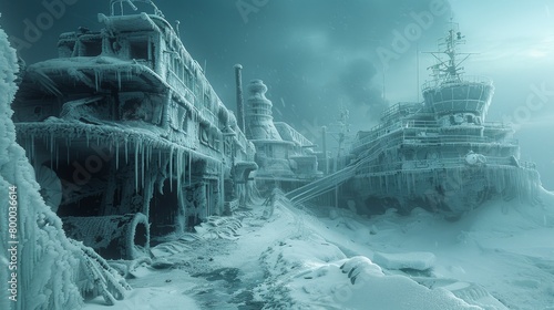 Frozen research outpost with abandoned equipment in an icy landscape