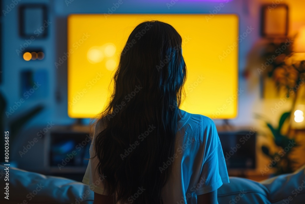 App display indian woman in her 40s in front of an smart-tv with an entirely yellow screen App display indian woman in her 40s in front of an smart-tv with an entirely yellow screen