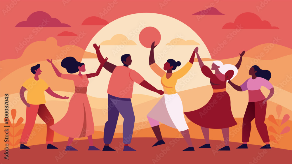 Fototapeta premium Against the backdrop of a setting sun a group of individuals with different cultural identities come together to dance and celebrate unity and. Vector illustration
