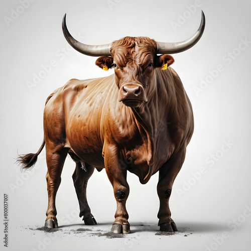Majestic bull with curved sharp horns isolated on a white background