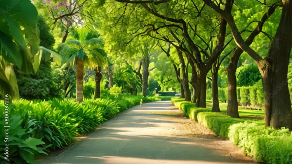 A peaceful road flanked by trees and bushes runs alongside a vibrant green park, A delightful view of a tree-lined pathway in a bountiful botanical garden A peaceful road flanked by trees and bushes runs alongside a vibrant green park, A delightful view of a tree-lined pathway in a bountiful botanical garden