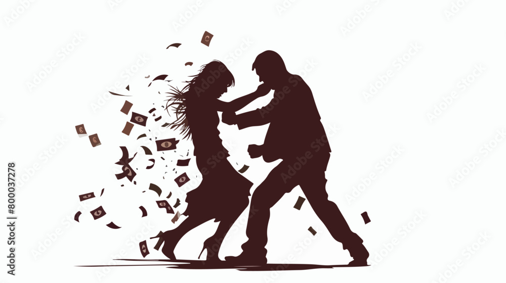 Silhouette of man with money beating his wife on white 