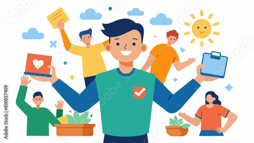 A volunteer with ADHD taking on multiple tasks at a charity event their hyperfocus helping them to efficiently manage and exee various duties with. Vector illustration © Justlight