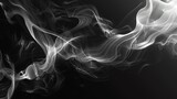 A swirling smoke pattern on a solid black background, featuring wisps of white and gray smoke that twist and turn