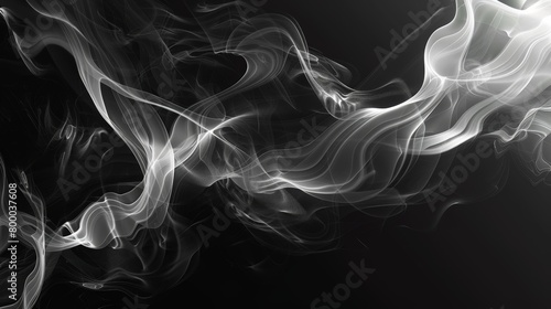 A swirling smoke pattern on a solid black background  featuring wisps of white and gray smoke that twist and turn