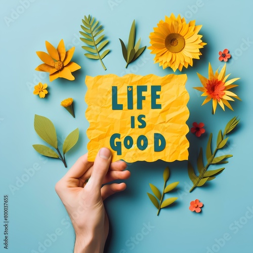 a hand holding a yellow paper with the phrase Life is good and with flowers or plants photo