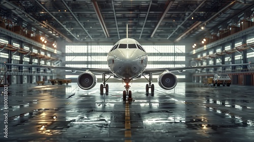 An aircraft parked in the hangar. Luxury tourism and business travel transportation concept. Commercial aircraft in hangar