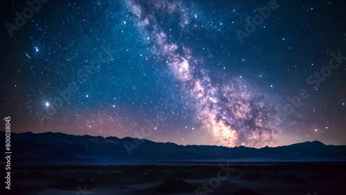Captivating view of a night sky teeming with an array of bright stars, illuminating the darkness, A desert at night with a vivid Milky Way tableaux spread across the sky photo