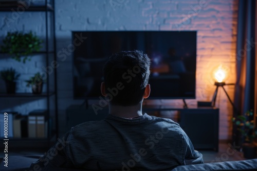 Display mockup man in his 30s in front of an smart-tv with a fully black screen