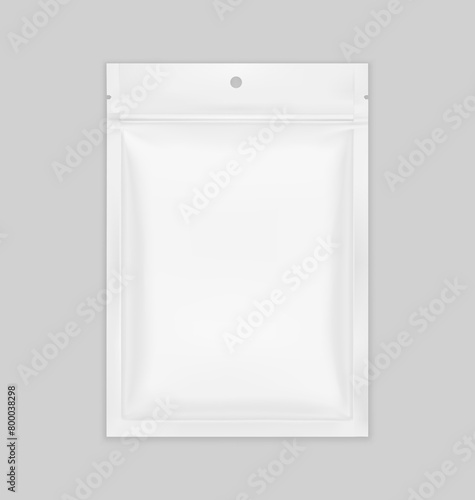 Sachet bag mockup with ziplock, hang hole and tear notch. Hyper realistic vector illustration isolated on grey background. Ready for use in your design. EPS10.