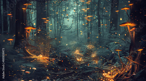 Mythical forest inhabited by yokai, with glowing mushrooms and fireflies — realistic style with a fantasy atmosphere and charm, photo