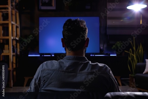 Display mockup man in his 30s in front of an smart-tv with a fully black screen