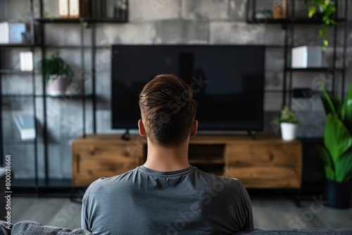 Application mockup man in his 20s in front of an smart-tv with an entirely black screen