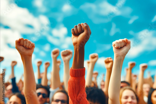 A group of people are holding up their fists in the air, with some wearing red shirts. Concept of unity and solidarity, as the people are all standing together