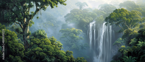 A majestic waterfall framed by the towering trees of the rainforest