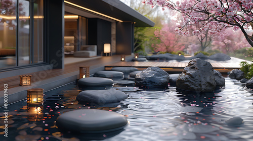 Asian Zen garden with sakura trees and pond. Landscape with cherry blossom falling in lake with bokeh light