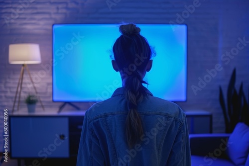 App preview woman in her 30s in front of an smart-tv with a completely blue screen