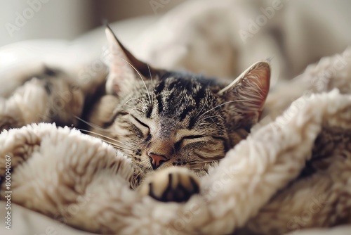 Tranquil cat captured in serene bedroom with soft light hues, elegantly portrayed