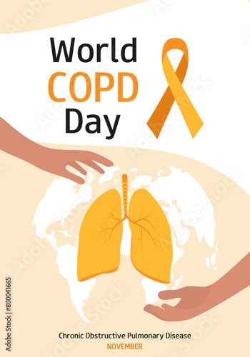World COPD day. Chronic Obstructive Pulmonary Disease. Holiday concept. Vertical background with illustration of lungs, hands and world map. Medicine poster, flyer, presentation, campaign. 