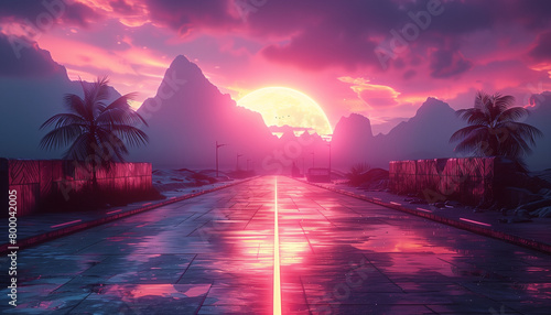 Background pink hued image, long road going toward far away mountains on the horizon, during sunset, under a cloudy sky, wide 16:9 photo