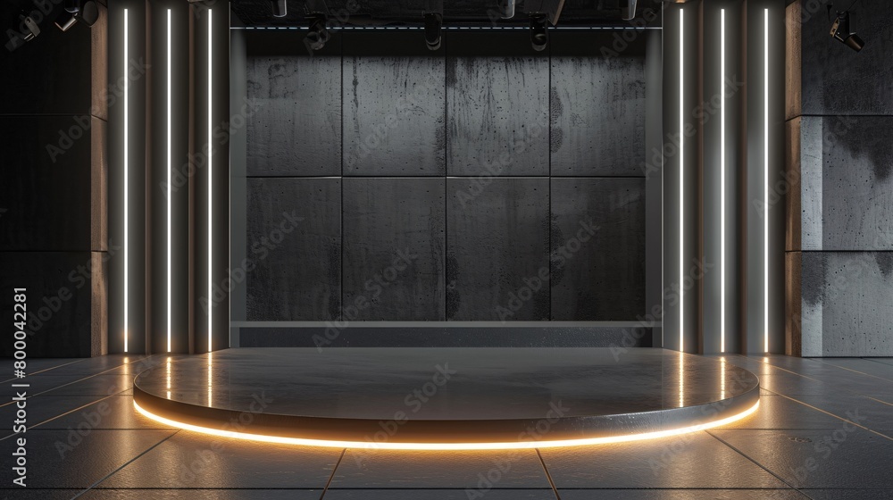 Pink neon light product background stage or podium pedestal on grunge street floor with glow spotlight and blank display platform. 3D rendering.