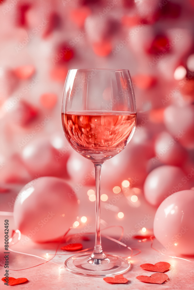 A glass of wine is sitting on a table with pink balloons and heart-shaped confetti. Concept of celebration and romance, as the wine glass and balloons are often associated with Valentine's Day