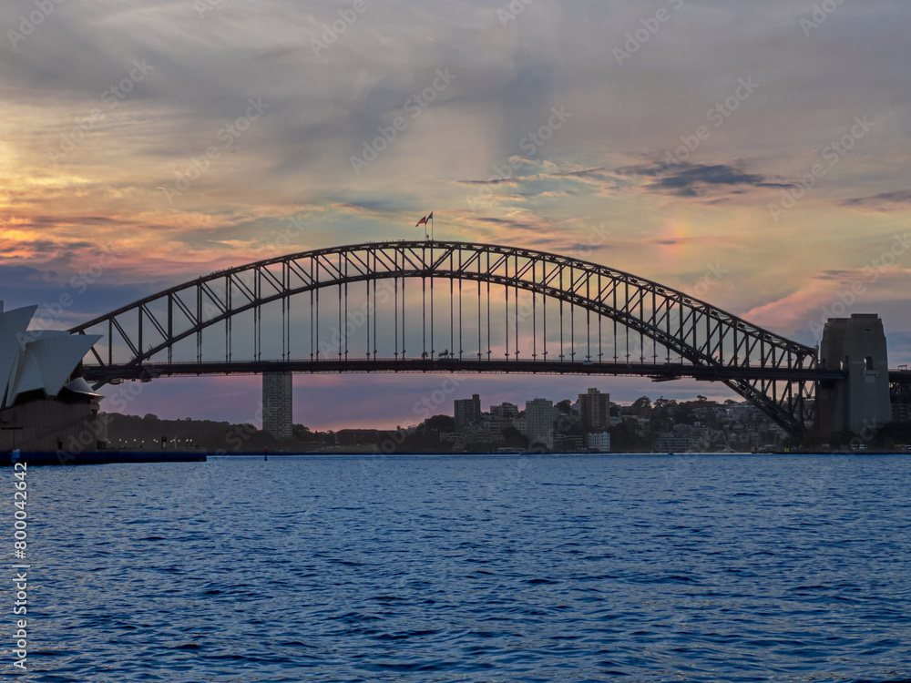 Naklejka premium Monday 29 April 2024 Beautiful colours of the Sky at sunset over Sydney Harbour Bridge NSW Australia 