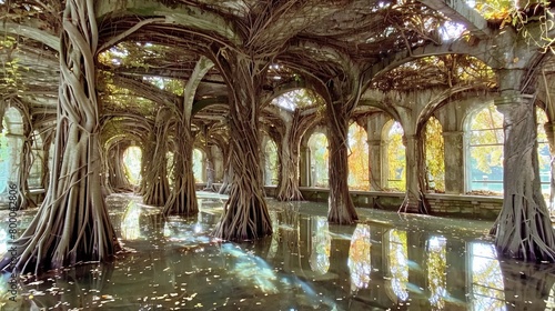 Natural labyrinth in wetland with winding water paths and sunlit bald cypress trees