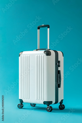 A white suitcase with wheels sits on a blue background. The suitcase is the main focus of the image, and it is a travel bag. The blue background adds a sense of calmness and serenity to the scene